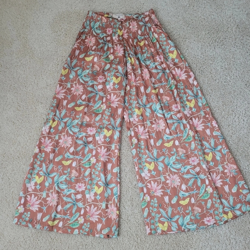 Cotelac Satin Wide Leg Floral Moth Butterfly Pants 0